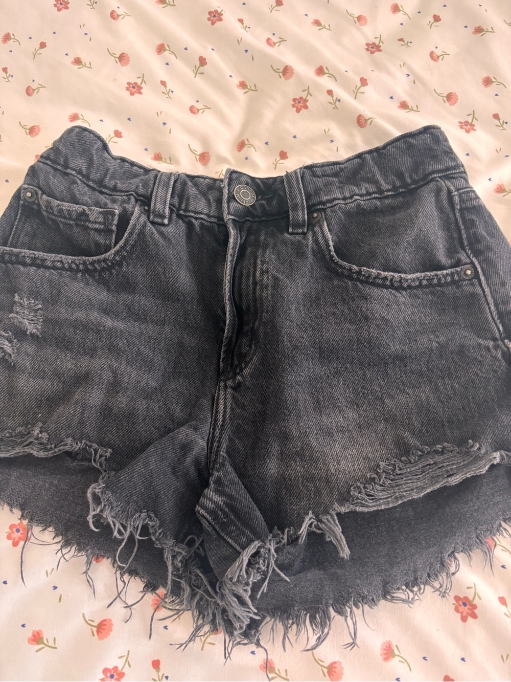 garage black distressed mid-rise jean shorts